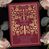 Red Royal Medieval Gold Sword Wedding Invitation