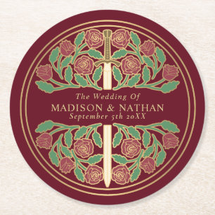 Red Royal Medieval Gold Sword Wedding Round Paper Coaster