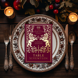 Red Royal Medieval Lion Wedding  Foil Table Card