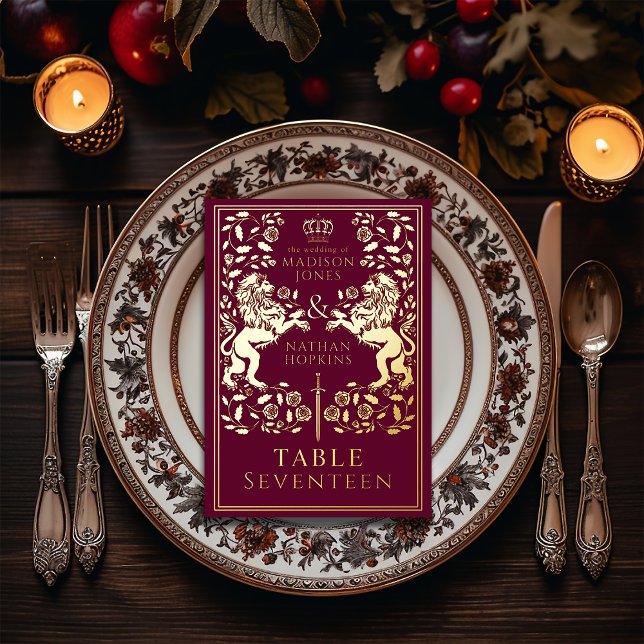 Red Royal Medieval Lion Wedding  Foil Table Card (Creator Uploaded)