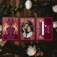 Red Royal Medieval Lion Wedding Tri-Fold