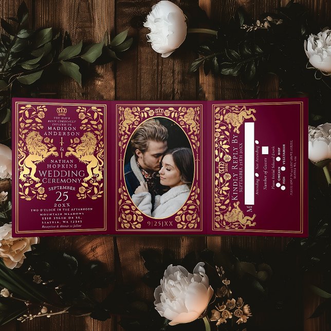 Red Royal Medieval Lion Wedding Tri-Fold Invitation (Creator Uploaded)
