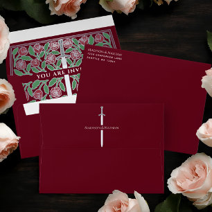 Red Royal Medieval Silver Floral Sword Wedding Envelope