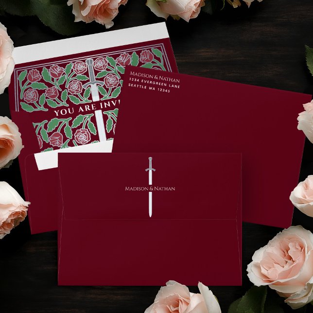 Red Royal Medieval Silver Floral Sword Wedding Envelope (Creator Uploaded)