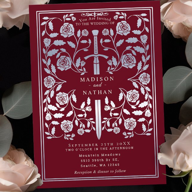 Red Royal Medieval Silver Sword Wedding  Invitation (Creator Uploaded)