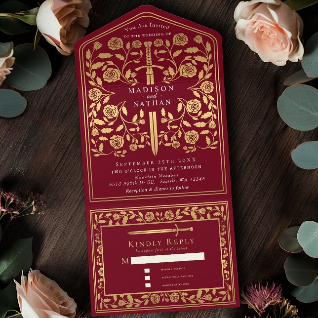 Red Royal Medieval Sword Wedding  All In One Invitation (Creator Uploaded)