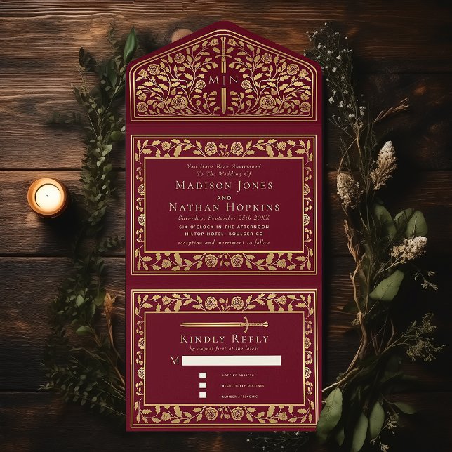 Red Royal Medieval Sword Wedding  All In One Invitation (Creator Uploaded)