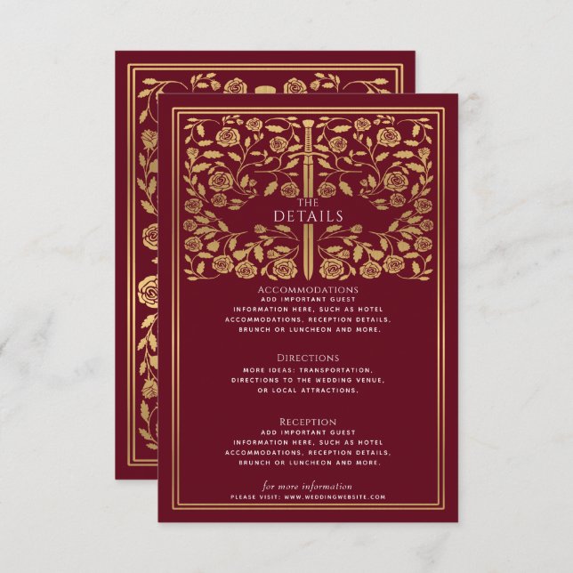 Red Royal Medieval Sword Wedding Details  Enclosure Card (Front/Back)