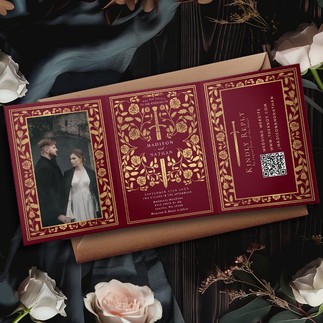Red Royal Medieval Sword Wedding QR Code Tri-Fold Invitation (Creator Uploaded)