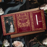 Red Royal Medieval Sword Wedding Tri-Fold Invitation<br><div class="desc">Announce your wedding in style with this medieval fantasy tri-fold invitation! This invite features a majestic gold sword and florals, with a special photo of the couple against a red background—the perfect mix of romance and adventure. NOTE: This design does NOT feature real foil. The placeholder image was provided by...</div>