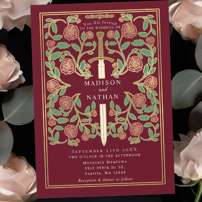 Red Royal Sword Floral Medieval Fantasy Wedding  Invitation (Creator Uploaded)