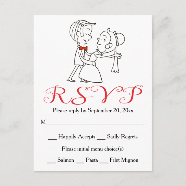 Red RSVP Bride & Groom Black And White Wedding Invitation Postcard (Front)