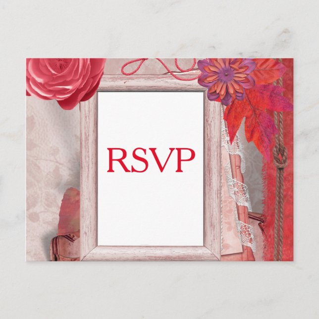 Red RSVP Flower and Picture Frame Invitation Postcard (Front)