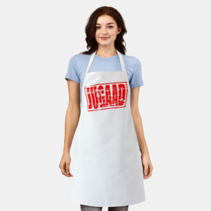 Red rubber stamp effect with the term Jugaad. जुगा Apron