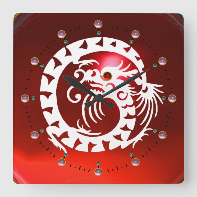RED RUBY AND WHITE SNAKE DRAGON ,PINK  GEMSTONES SQUARE WALL CLOCK (Front)