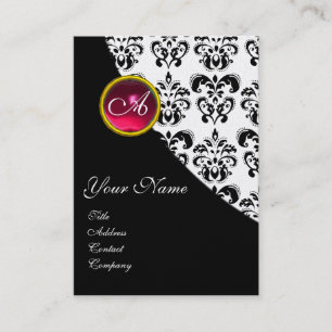 RED RUBY DAMASK MONOGRAM fuchsia gold Business Card