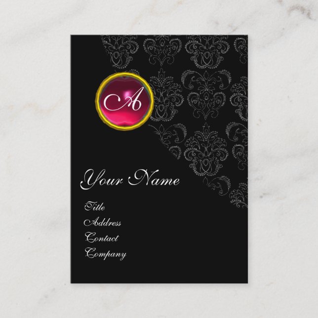 RED RUBY DAMASK MONOGRAM fuchsia pink Business Card (Front)