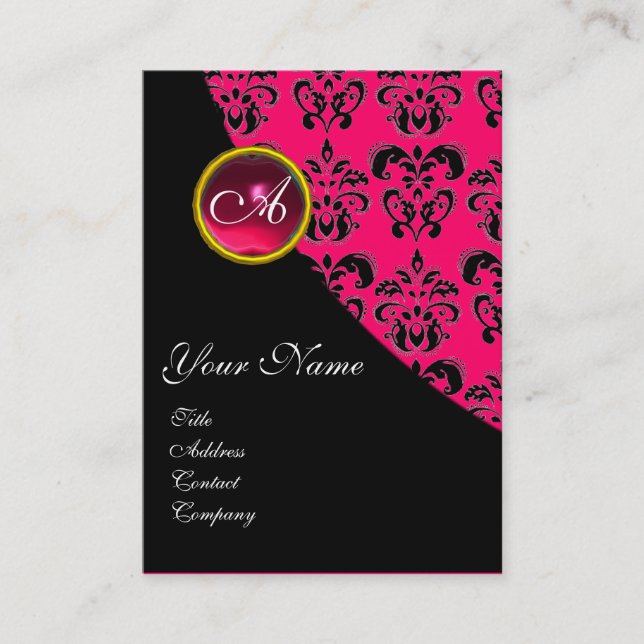 RED RUBY DAMASK MONOGRAM fuchsia pink Business Card (Front)