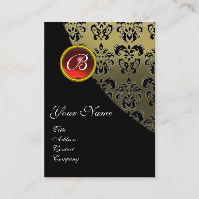 RED RUBY DAMASK MONOGRAM,grey Business Card (Front)