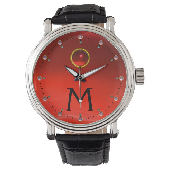 RED RUBY GEM STONE MONOGRAM WATCH (Front)