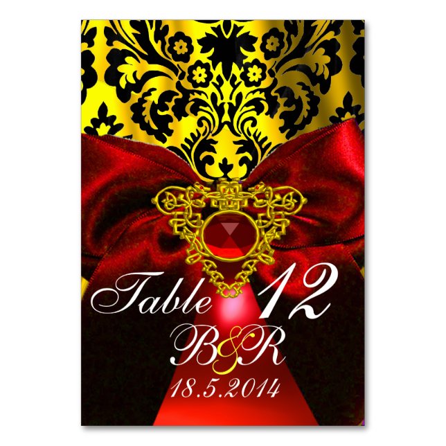 RED RUBY RIBBON GOLD CELTIC HEART  DAMASK MONOGRAM TABLE NUMBER (Front)