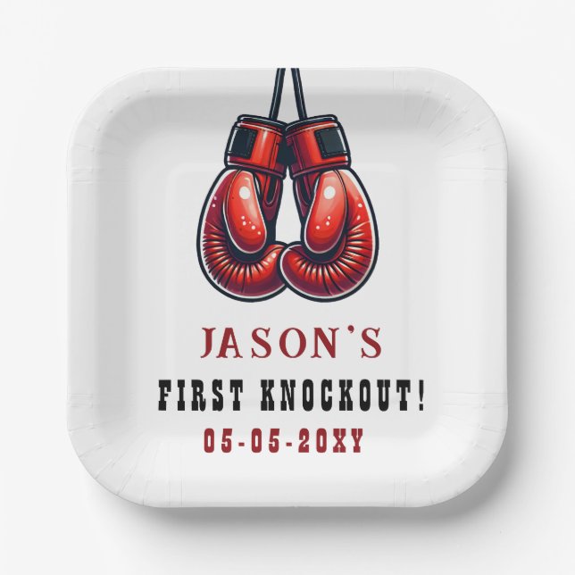 Red Rumble First Knockout Boxing Birthday Paper Plate (Front)