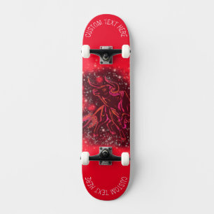 Red Running Bull At Starry Night Text Skateboard