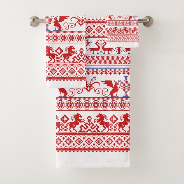 Red russian traditional ornament bath towel set (Insitu)
