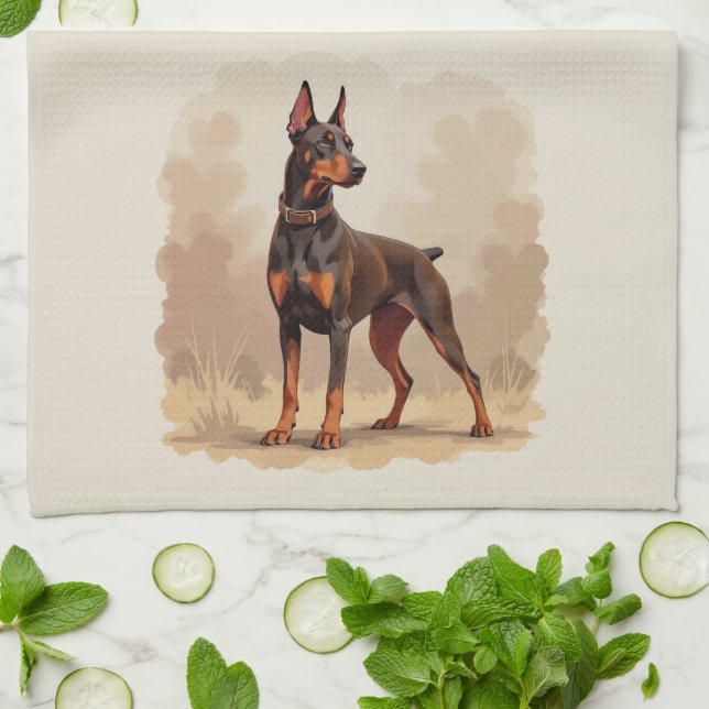Red Rust Brown Doberman Pinscher Dog Kitchen Towel (Folded)