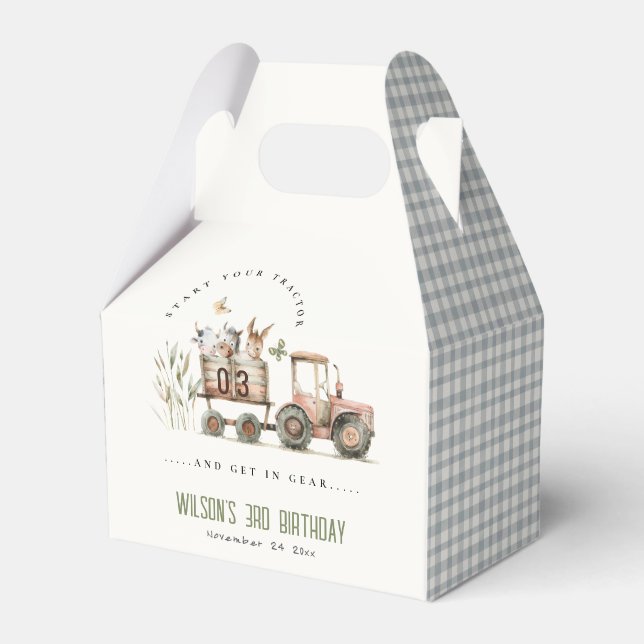 Red Rust Farm Animals Tractor Kids Birthday Favor Box (Front Side)