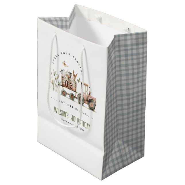 Red Rust Farm Animals Tractor Kids Birthday Medium Gift Bag (Front Angled)