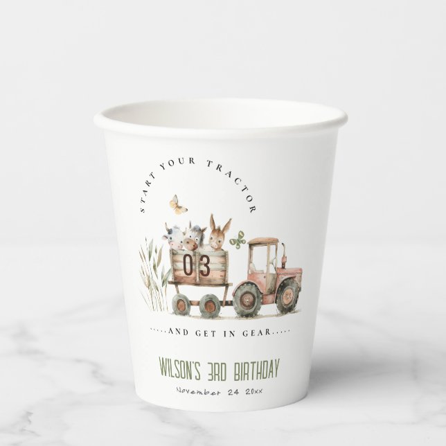 Red Rust Farm Animals Tractor Kids Birthday Paper Cups (Front)