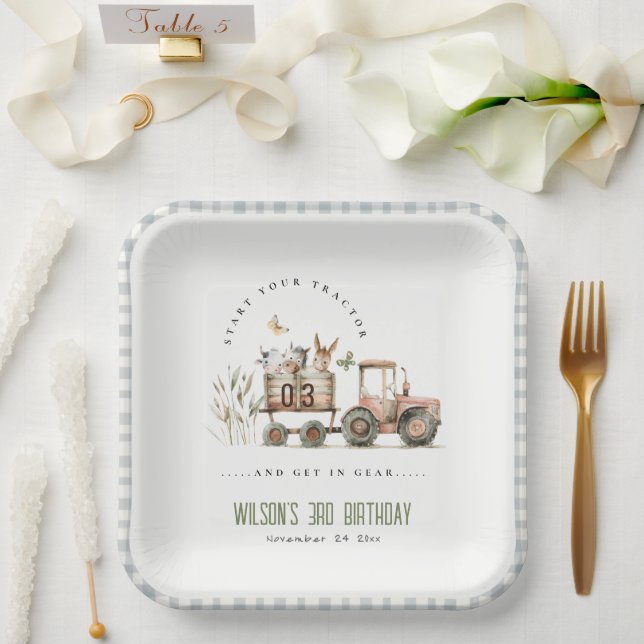 Red Rust Farm Animals Tractor Kids Birthday Paper Plate (Wedding)