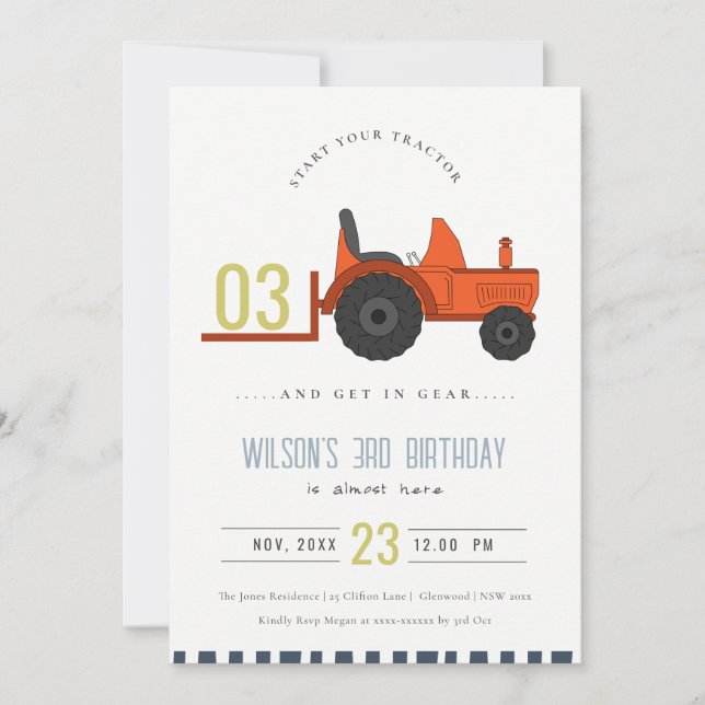 Red Rust Farm Tractor Kids Any Age Birthday Invite (Front)