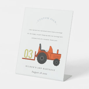 Red Rust Farm Tractor Kids Birthday Custom Party Pedestal Sign