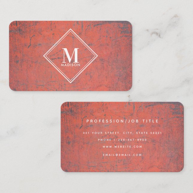 Red Rust Metallic Texture Monogram Initial Business Card (Front/Back)
