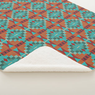 Red Rust Orange Turquoise Teal Blue Tribal Art Sherpa Blanket