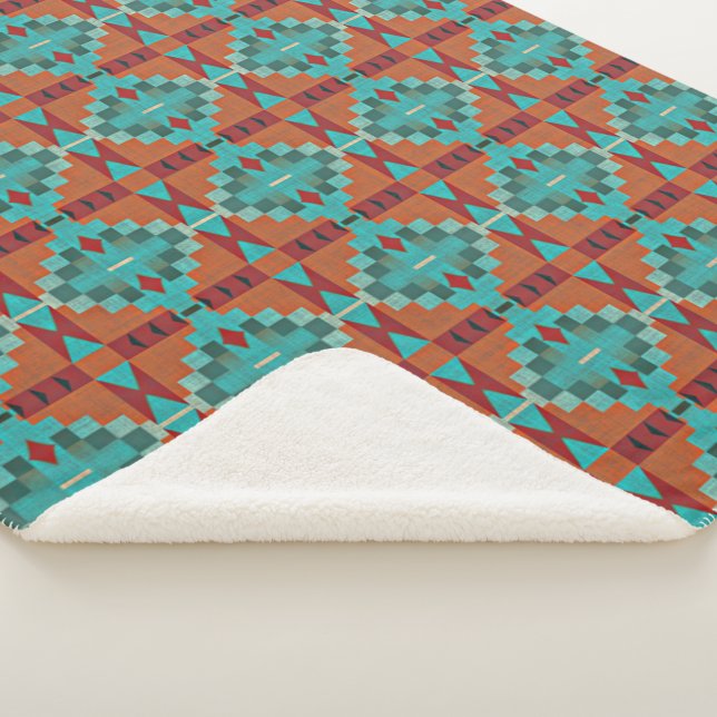 Red Rust Orange Turquoise Teal Blue Tribal Art Sherpa Blanket (3/4)