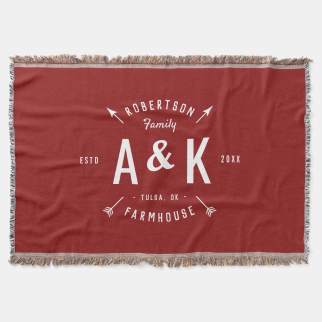 Red Rustic Arrow Family Monogram | Editable Colour Throw Blanket (Front)