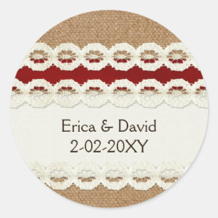 Red Rustic burlap and lace country wedding Classic Round Sticker