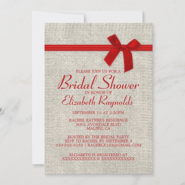 Red Rustic Burlap Bridal Shower Invitations (Front)