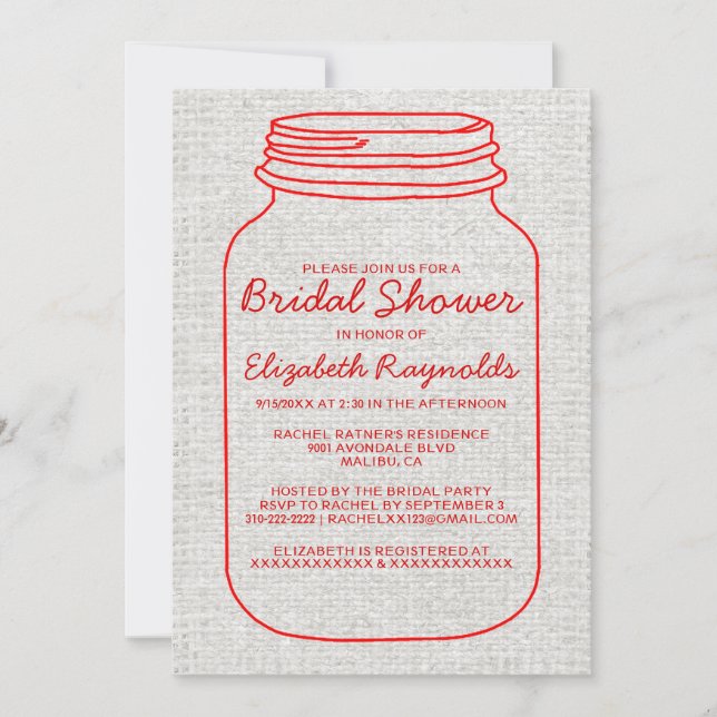 Red Rustic Burlap Mason Jar Bridal Shower Invites (Front)