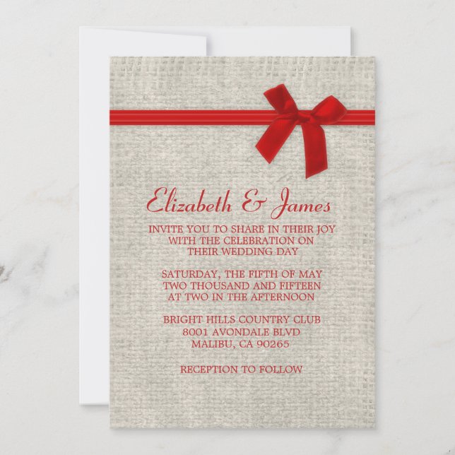 Red Rustic Burlap Wedding Invitations (Front)
