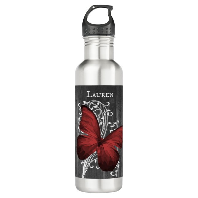 Red Rustic Butterfly Personalized 710 Ml Water Bottle (Front)