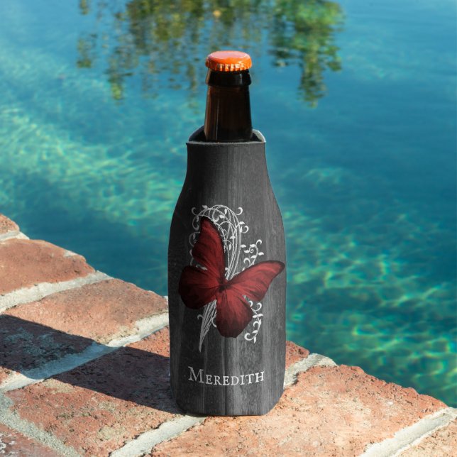 Red Rustic Butterfly Personalized Bottle Cooler (In Situ Pool)