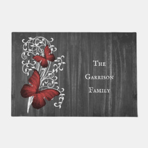 Red Rustic Butterfly Personalized Doormat