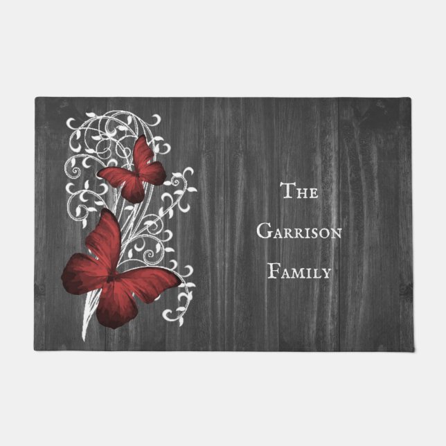 Red Rustic Butterfly Personalized Doormat (Front)