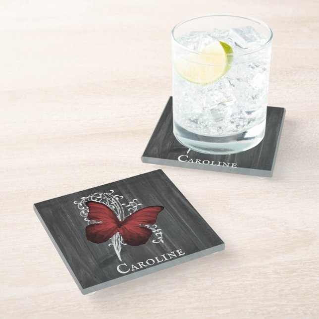 Red Rustic Butterfly Personalized Glass Coaster (Angled)