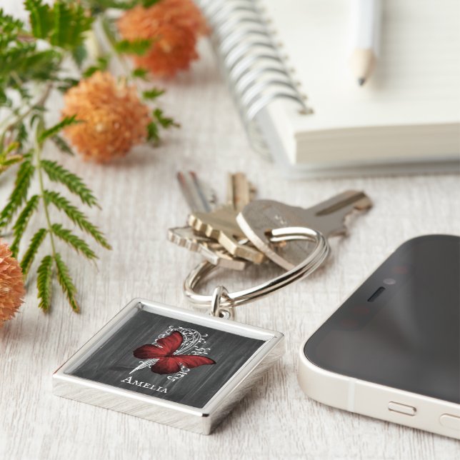 Red Rustic Butterfly Personalized Keychain (Side)