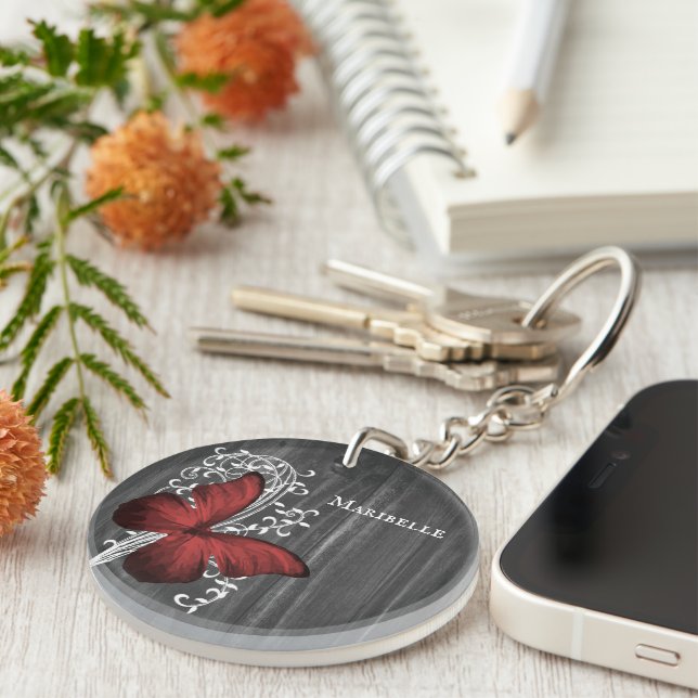Red Rustic Butterfly Personalized Keychain (Front Right)